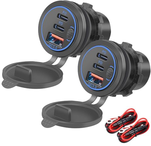 Intckwan 12V, 75W, PD och QC3.0 USB-uttag för motorcykel, 12-24V vattentät USB-uttag med strömbrytare och LED-ljus blå, för bilar, båtar, lastbilar, husvagnar, motorcyklar (2 delar)