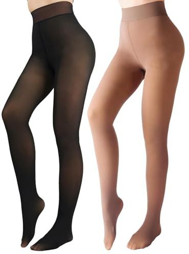 UniikStuff 2-pack fleecefodrade tights genomskinliga vinter – falska genomskinliga tights vinter tjocka varma strumpbyxor genomskinliga damleggings, Svart+brunt, M
