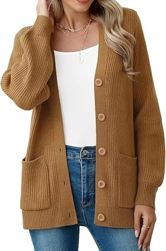 YGJIEGENG Cardigan en tricot à manches longues pour femme - Col en V - Pull ouvert sur le devant - Automne - Hiver - Élégant - Décontracté - Veste à épaules dénudées - Avec boutonnière - S-2XL
