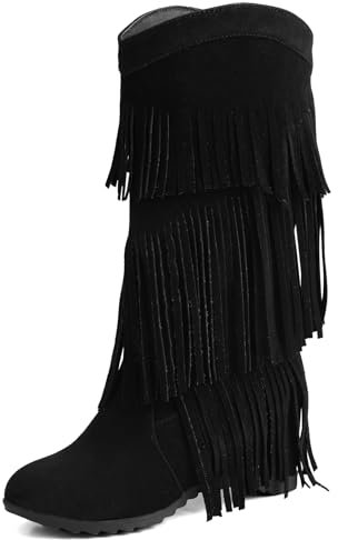 Lizoleor Senza Chiusura Zeppa Punta Rotonda Donna Stivali Con Le Frange Classico Aumento Suede Autunno A Collo Alto Boots Nero Numero 42 EU/44Cn