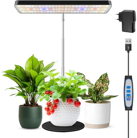 Wiaxulay Pflanzenlampe LED, Vollspektrum Pflanzenlicht für Zimmerpflanzen, Höhenverstellbares Grow Lampe mit mit Zeitschaltuhr 6/12/16 Std mit USB Adapter, 3 Lichter Modi und 5 Helligkeit