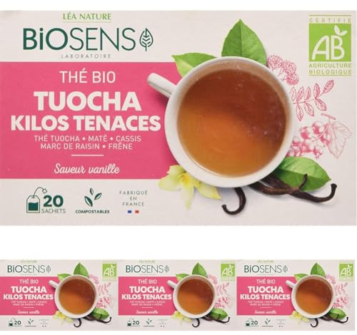 Biosens - Thé Tuocha Kilos Tenaces - Thé Tuocha, Maté, Cassis, Marc de Raisin et Frêne - Certifié Bio AB - Fabriqué en France - 20 sachets (Lot de 4)