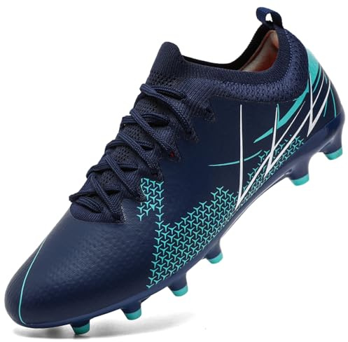 VLOOKST Men's Football Boots Astro Turf Trainers Football Shoes Spikes Outdoor Athletic Sneakers Cleats Soccer Shoes for Teenager Blue 9UK