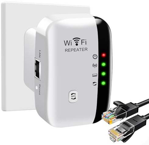 Repetidor Wi-Fi de 2.4 GHz, Amplificador WiFi de 300Mbp/s con Cobertura 360°, WiFi Extender Externo con Puerto Ethernet y Cable RJ-45 Compatible con Todos los Dispositivos Wi-Fi