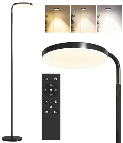 HOMCOM Lampadaire LED, Lampadaire sur Pied Salon à Intensité Variable, Tête Rotative à 350°, Télécommande Magnétique, Température de Couleur Réglable 3000-6500 K, pour Chambre, Noir
