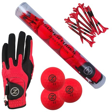 Zero Friction Men's SuperTube Golf Kit (Includes 3 Golf Balls, 1 Universal fit Glove, and Pack of Golf tees), Neon Red