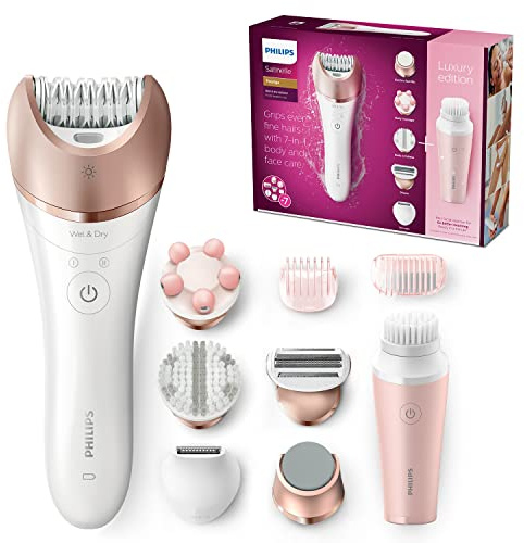 Philips Satinelle Prestige Wet and Dry Cordless Epilator for Face and Body with 7 Attachments and VisaPure Mini Facial Brush - BRP586/00