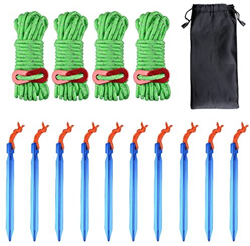 Azarxis Outdoors Tent Stakes Pegs with Reflective Guy Lines Ropes 13ft per Piece with Aluminum Cord Adjuster Tensioner for Camping Hiking Backpacking (10 Blue Pegs & 4 Grass Green Cords - Φ4mm)