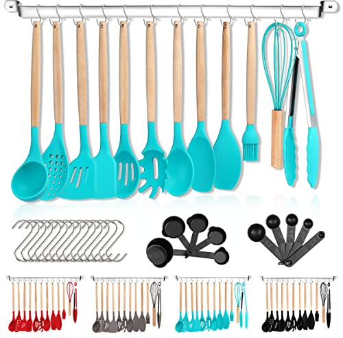Berglander Silikon Küchenutensilien Set 38 teilig, Antihaft Kochgeschirr Set, Holzgriff Küchenutensilien Werkzeuge mit Mehrzweckhaken und Utensilienhaltern (Blau)