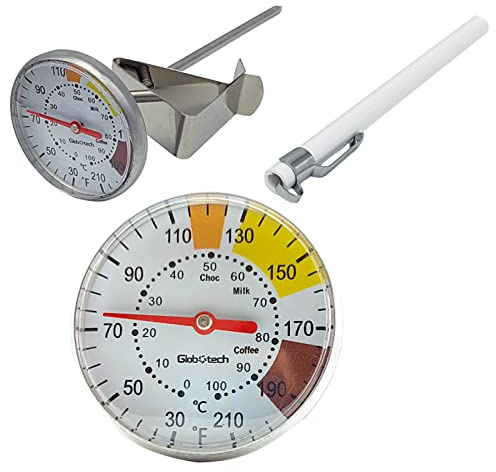 Milk Frothing Thermometer for Coffee Chocolate - Cappuccino Frothy Milk Foam Stainless Steel Thermometer for 12 Oz, 20 Oz and 32 Oz Espresso Steaming Pitchers 2 Dail 5 Stem