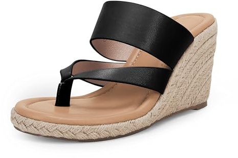 Coutgo Womens Espadrille Wedge Sandals Platform Thong Padded Insole Single Vegan Leather Strap Slides Backless Slip On Casual Summer Flip Flops