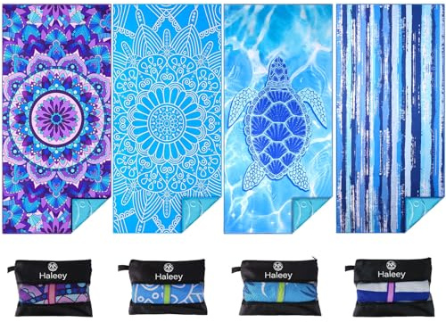 Haleey 4 Pack Microfibre Lightweight Beach Towel 180x80cm Oversized Extra Large Thin Sand Free Towels Travel Swim Pool Yoga Gym Camping for Adults Women Men Beach Essentials Accessories Vacation Gift