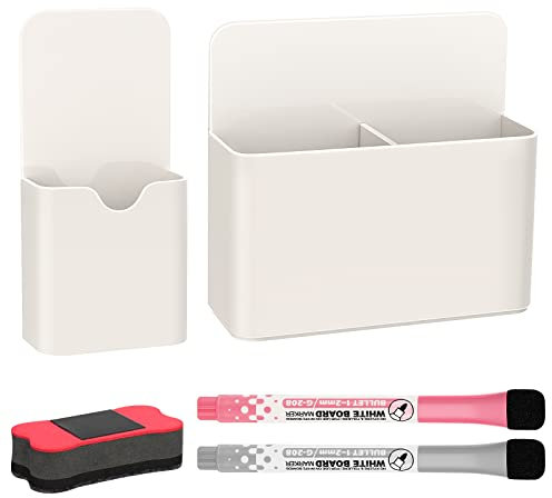 MoKo Stifthalter Magnetisch, 2 Stück Magnetischer Stiftehalter mit 1 Whiteboard Schwamm Magnetisch & 2 Markern, Whiteboard Zubehör für Schule Büro Kühlschrank und Schließfach, Weiß