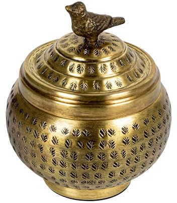 Round Hammered Metal Container with Bird Finial, Brass Finish