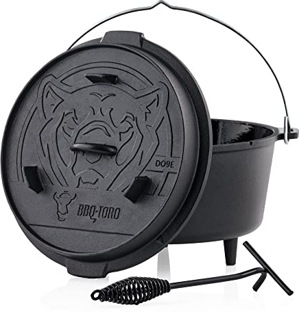 BBQ-Toro Dutch Oven Emaille Serie | Emailliert 9,0 Liter | Gusseisen Kochtopf mit Füßen | Bräter mit Deckelheber, Gusstopf, Feuertopf, Gussbräter, Grilltopf, Gusskessel, Schmortopf