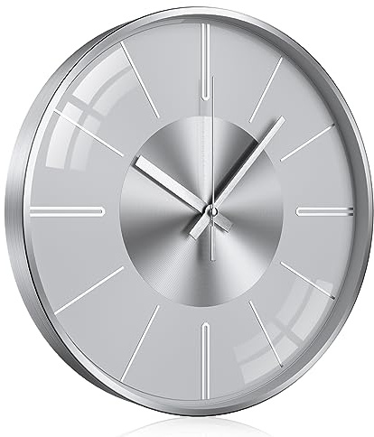 TOKTEKK Wall Clock 30.48cm Round Silent Non Ticking Modern Decorative Clock Battery Operated for Living Room Bedroom Kitchen Office Home Decor Silver White Aluminium