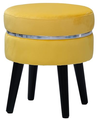 moorg Pouf Velluto Rotondo con Effetto Striscia Argento, Puffo per Sedersi Moderno Giallo, Sgabello Poggiapiedi Elegante 40x35 cm
