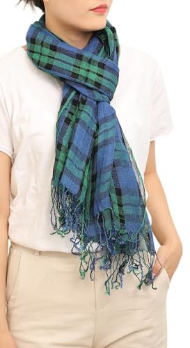 Prettystern XL Hommes Femmes Longue écharpe d'été Foulard en lin à longues franges vert bleu à carreaux T114