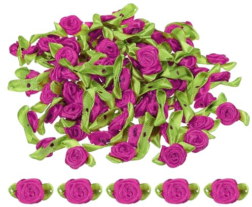 PATIKIL Mini Rose di Nastro, 100pz Piccoli Fiori Stoffa Raso con Foglie Verdi Applicazioni Rosoni per Artigianato Fai da Te Cucito Matrimonio, Rosa Rossa