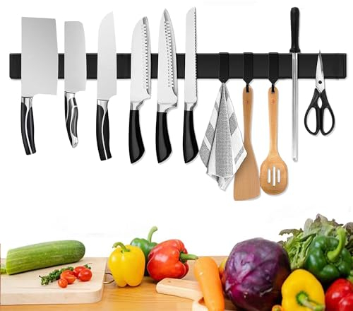 [Verbesserte 60cm]Trhillsbrad Magnetleiste Messer, 60cm Messerhalter Magnetisch mit 3 Haken Edelstahl Messerleiste Selbstklebend, Schwarz Wandhalterung Magnetleiste Ohne Bohren Messerhalter
