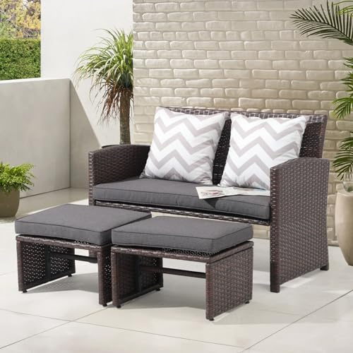 OC Orange-Casual Outdoor Loveseat 3 Piece Patio Furniture Set Outdoor Conversation Set All-Weather Wicker Love Seat with Ottoman/Side Table, Brown Rattan, Dark Grey