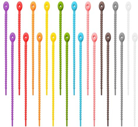 20 corbatas de silicona multicolor, lazos de silicona, clip de bolsillo, trenzado de goma, encuadernación de cable, corbatas de serpiente, clips de cierre de bolsa, bridas de silicona