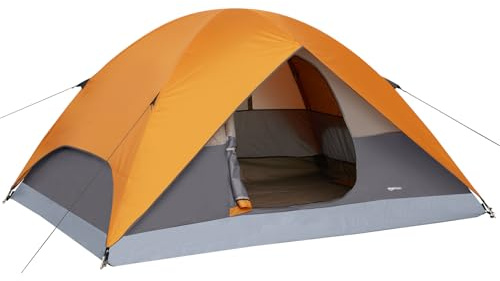 Amazon Basics Dome Camping Tent with Rainfly and Carry Bag, 3-Season Easy Set-Up Tent, 2 Person, Orange And Grey