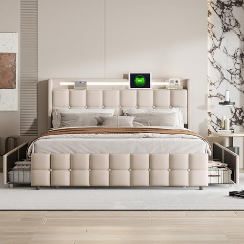 BPKADHY Cama tapizada de 180 x 200 cm con LED, cama doble con 4 cajones, espacio de almacenamiento y cabecero, cama juvenil con USB y tipo C, estructura de cama con somier, lino en beige, sin colchón