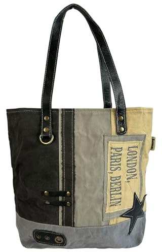 Sunsa Damen Handtasche. Shopper in Vintage Retro Stil mit Stern. Schultertasche aus Canvas/Leinwand. Große Tasche als Geschenkidee für Frauen