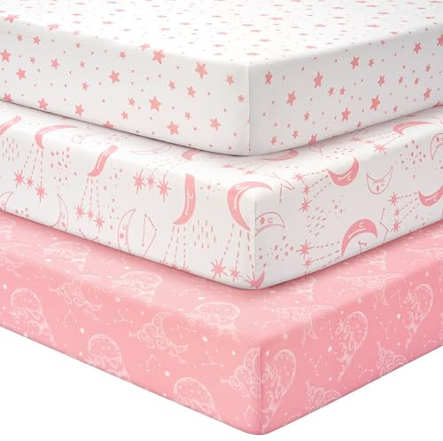 Unnivoll Cot Bed Sheets 140 x 70 cm Fitted Super Soft & Breathable Toddler Bed Sheets Cozy Baby Cot Sheets 3 Pack White Pink Moon