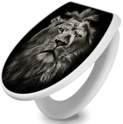 banjado Toilettendeckel mit Absenkautomatik 44,5x37cm / WC Sitz mit Absenkautomatik/Toilettensitz Duroplast mit Edelstahl Scharnieren/Klodeckel mit Absenkautomatik Motiv Löwe Porträt