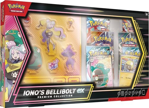 Pokémon TCG : Iono's Bellibolt ex Premium Collection (1 Carte Promo Full Art, 6 boosters et Supports acryliques)