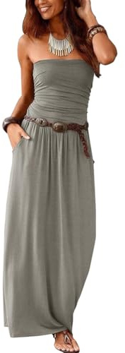 nicticsi Robe Bustier Longue pour Femme Décontractée Tenue de Plage Bohème Épaules Dénudées sans Manches Elégant Bodycon avec Poche Jupe Respirante d'Été Pas de Ceinture A Gris L