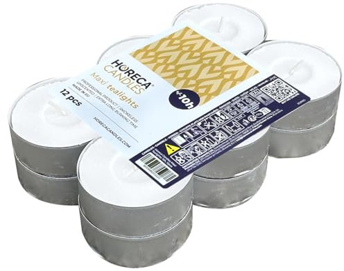 Horeca Candles - Maxi Tealight White Candles - Unscented - 12 Pieces - Large Candles 57 x 22 mm - Burning Time 10 Hours - Tea Light Non-Drip Wax - 1 x Set of 12 Tealights