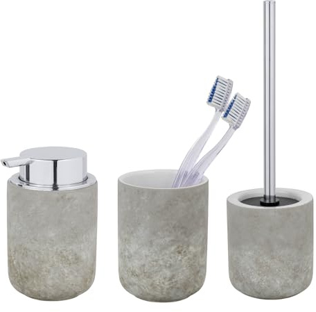 SCHÖNER WOHNEN-Kollektion Bad-Accessoire Set Mod. Londa 3-teilig aus Keramik in Zementoptik mit Seifenspender Zahnputzbecher und WC-Garnitur Maße 38 x 11,5 cm Farbe Grau
