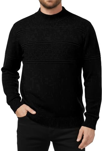 MLANM Mens Sweater Casual Crew Neck Pullover Textured Knit Sweaters Mens Knit Jumper Thick Weave Pullover Winter Long Sleeve Warm Turtle Neck Ribbed Knitted Jumper, Black L