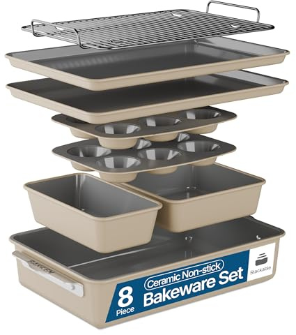 Bakken 8-Piece Ceramic Coated Bakeware Sets, Nonstick Aluminized Steel Pans with Muffin, Loaf, Cake, Roasting Pan, & Cooling Rack, Oven Safe Up To 500°F, Dishwasher Safe, BPA, PTFE & PFAS Free, Cream