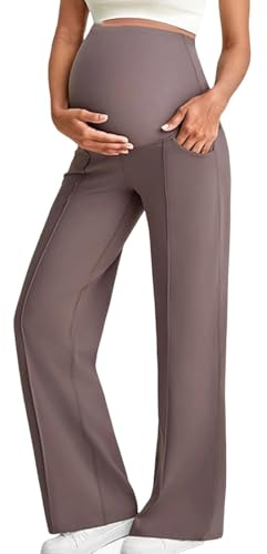 Maternity Leggings Over Bump Womens Maternity Dress Yoga Pants with Pockets, Over The Belly Stretchy Pilates Gym Sports Work Slack Pregnancy Wide Leg Lounge Trousers Brown L