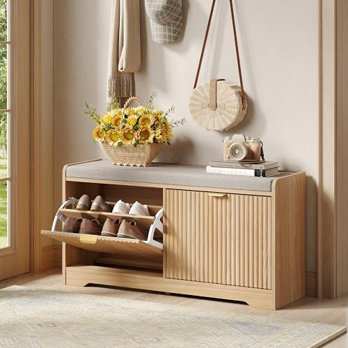Maupvit 39.4 Fluted Shoe Bench with Storage, Narrow Entryway Bench with Removable Seat Cushion & 2 Flip-Drawers, Shoe Cabinet Bench, Boho Hidden Shoe Rack for Entrance, Hallway, Living Room (Natural)