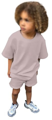 Generisch 2026 Traje de chándal para bebé para niños pequeños, camiseta de manga corta sólida con conjunto de pantalones cortos, Rosa claro., 1-2 años