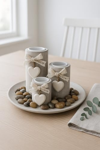 khevga Juego de portavelas con bandeja para mesa - Decoración de mesa para salón, madera, color mint, rosa y gris, 3 portavelas redondos (gris)