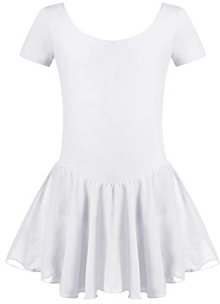 untlet Mädchen Ballettkleidung Ballettkleid Kinder Ballett Trikot Kurzarm Baumwolle Ballettanzug Tanzkleid Balletttrikot mit Chiffon Wickelrock Tütü (X-Weiß, 160)