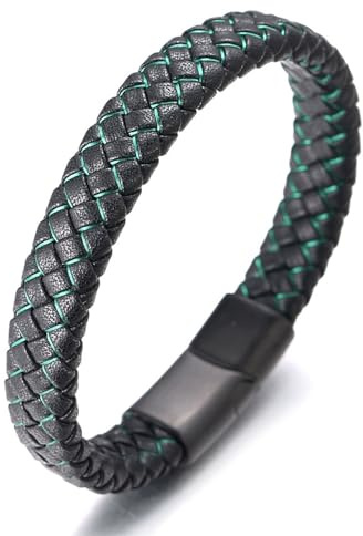 HALUKAKAH ● Jazz Júnior ● Niños Cuero Genuino Trenza Hecha a Mano Negro Mezcla Verde Pulsera 6-12 años. Titanio Cierre Esmerilado Magnético 18cm con Caja de Regalo