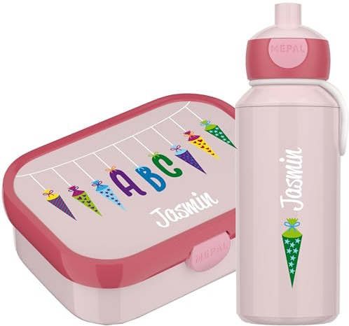 4youDesign Mepal Bento Box und Trinkflasche Set personalisiert Schultüte kursiv – Geschenk für Kinder Weihnachten, Nikolaus, Geburtstag - Auslaufsicher – Brotdose 750 ml, 400 ml Flasche (Cool Pink)