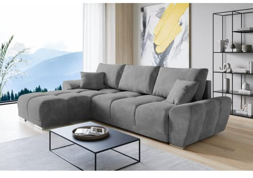 ML Furniture Velvet Ecksofa in L-Form – Grau Sofa – Couch mit Stauraum und Kissen - Ausziehbares Schlafsofa – Sofa mit Schlaffunktion - Schlafsofa mit Bettkasten – Gästebett – 289 x 189 cm