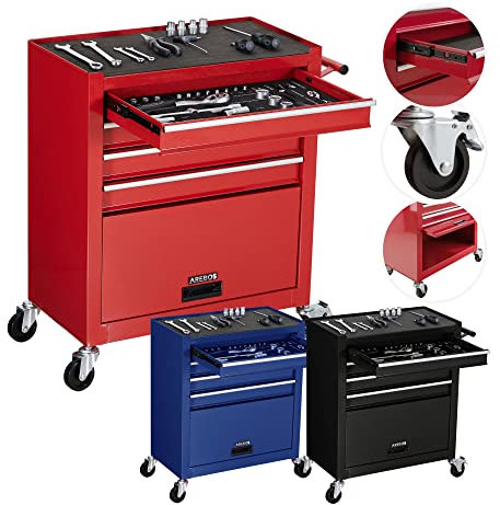 AREBOS Servante d'atelier 4 Compartiments | avec 81 pièces d'outils | Chariot à Outils | équipé | Tapis antidérapants | Interlock | 2 roulettes avec Frein de stationnement | Rouge