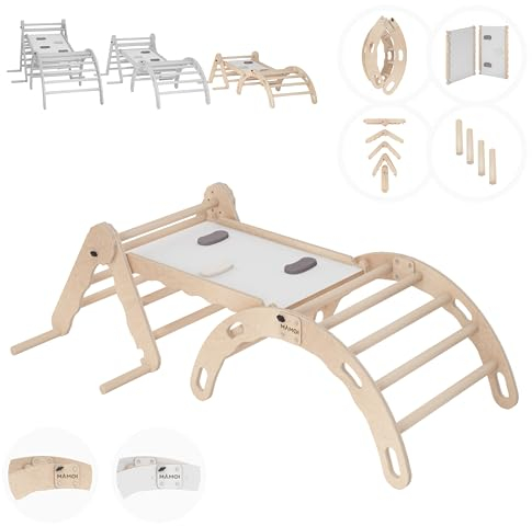 MAMOI® Set Klettergerüst Indoor, Kletterdreieck mit Rutsche aus Holz, Kletterbogen, Klettern, Klettergerüst mit Rutschbrett, Holzbogen für Spielplatz, Montessori