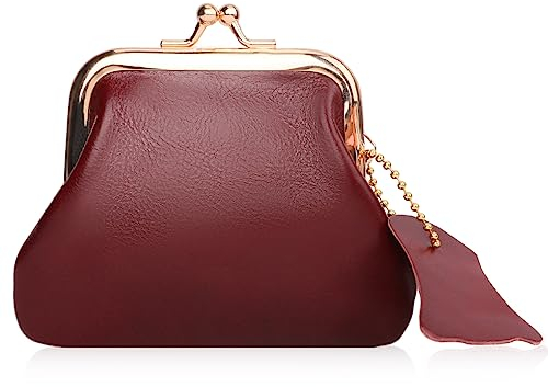 Oyachic Echtleder Münzbörsen Leather Coin Purse Klein Geldbörse Clipverschluss Portemonnaie Retro Kartenfächer für Frauen Herren Damen (Rot)