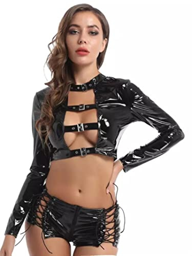 Conjunto de lencería de Vendaje de látex Sexy, Leotardo de Pecho Desnudo Calado, Traje de Chaqueta de Cuero para Mujer, Mono Femenino