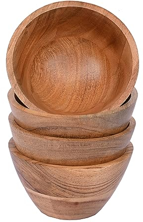 Indus Lifespace Juego de 4 cuencos de madera de acacia para cocina, comida, fiesta, ensalada, frutas, verduras, aperitivos (11,43 cm x 11,43 cm x 6,35 cm)